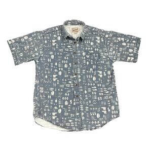 Vintage Woolrich Mens Short Sleeve Camp Shirt Sz L All Over Print Fishing